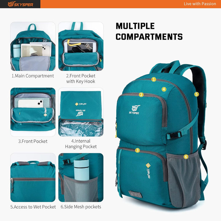 SKYSPER Ultraleichter Faltbarer Rucksack mit Nassfach - Wasserfest und Verstaubarer Daypack für Wand