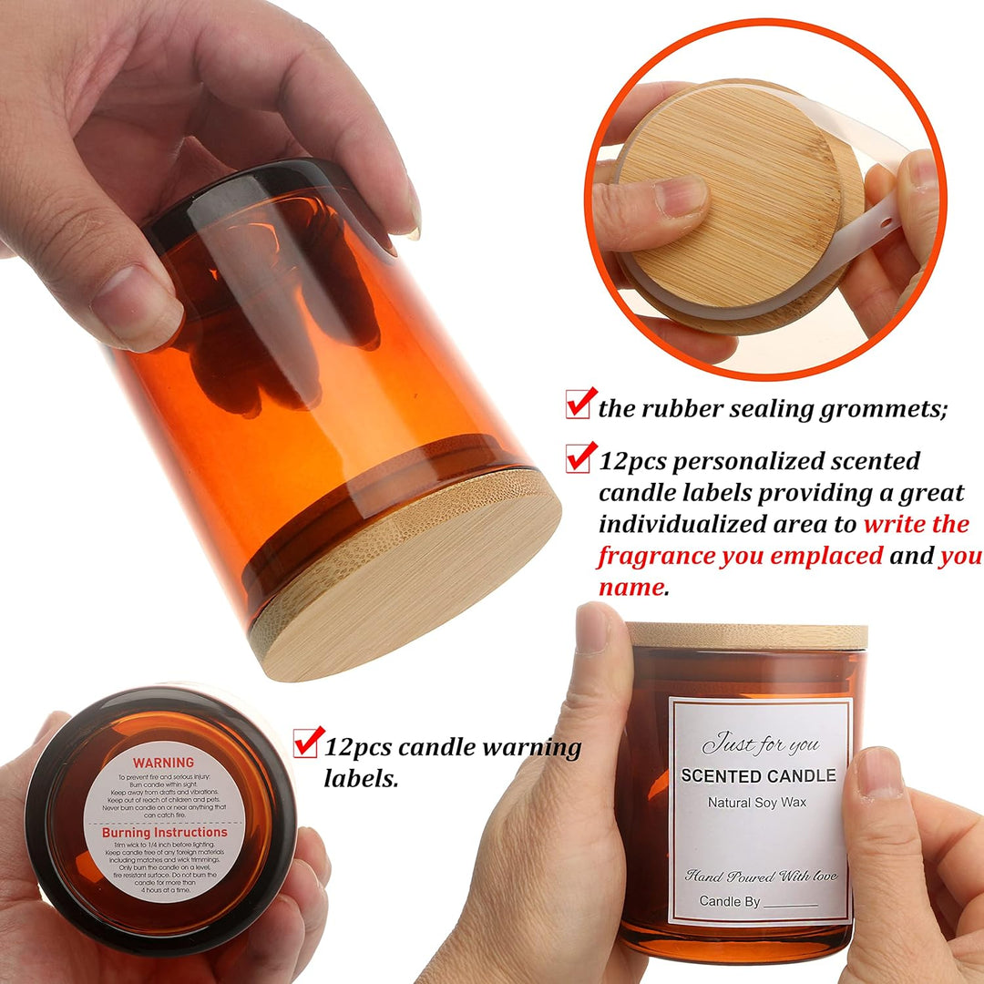 MILIVIXAY 12 Stück 340 ml bernsteinfarbene Kerzengläser mit Deckel und Kerzenherstellungs-Sets – lee