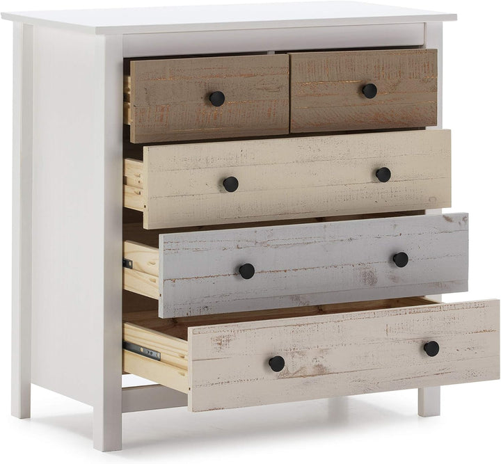VS Venta-stock Magda Kommode mit 5 Schubladen Weiss und mehrfarbige Schubladen, Massives kiefernholz