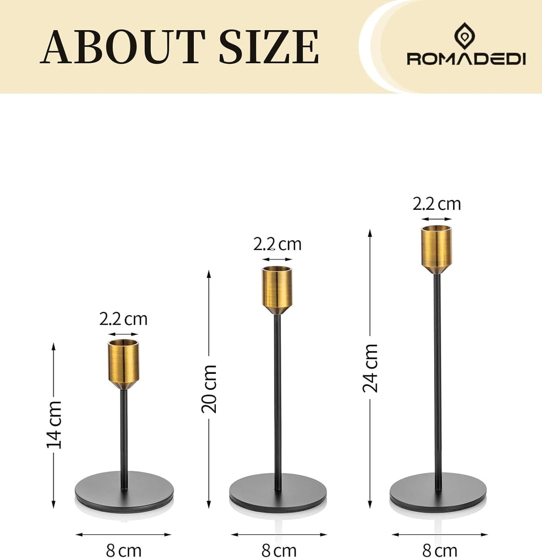 Romadedi Kerzenständer Gold & Schwarz - 3er-Set Hoch Kerzenhalter Unterschiedlicher Grösse für Stabk