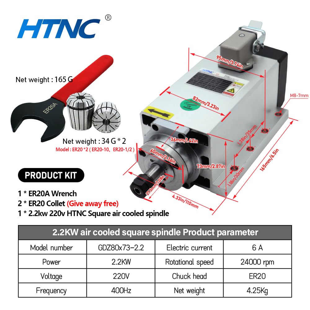 CNC-Spindelmotor 2.2 kW, 2200 W, 220 V, 400 Hz, 24000 U/min, luftgekühltes Spindel mit 2.2 kW HS320