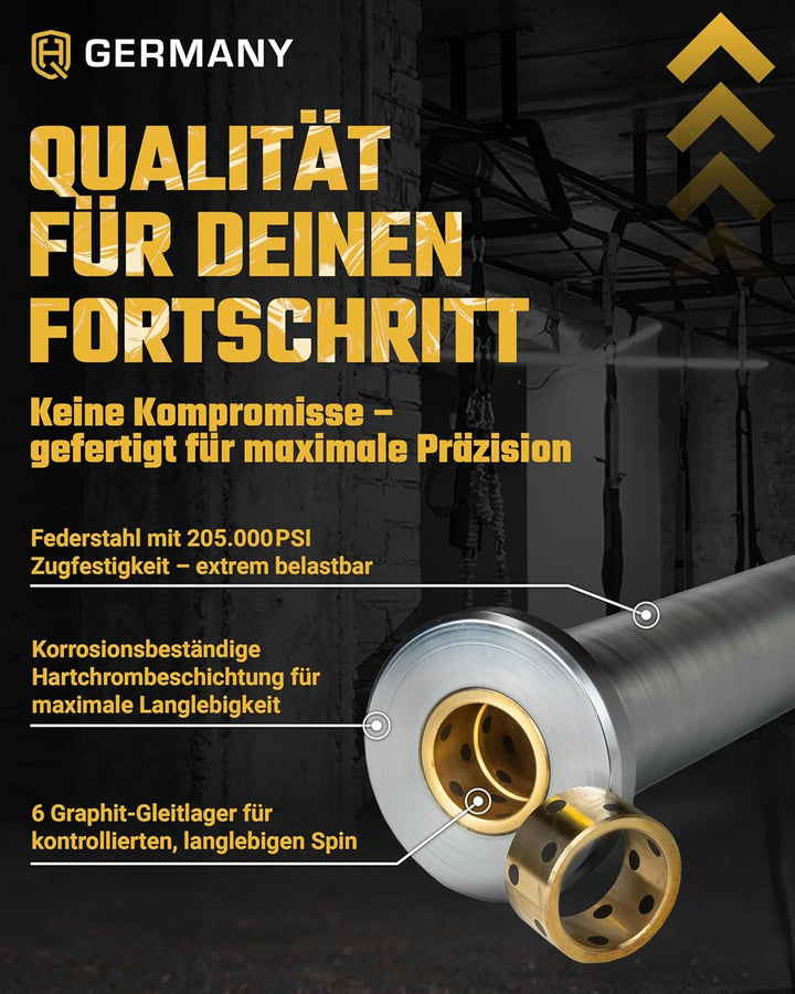 HQ Germany® Powerlifting Olympia Langhantelstange | 50mm, 220cm | 6 Graphitlager | 200.000 PSI, 700k