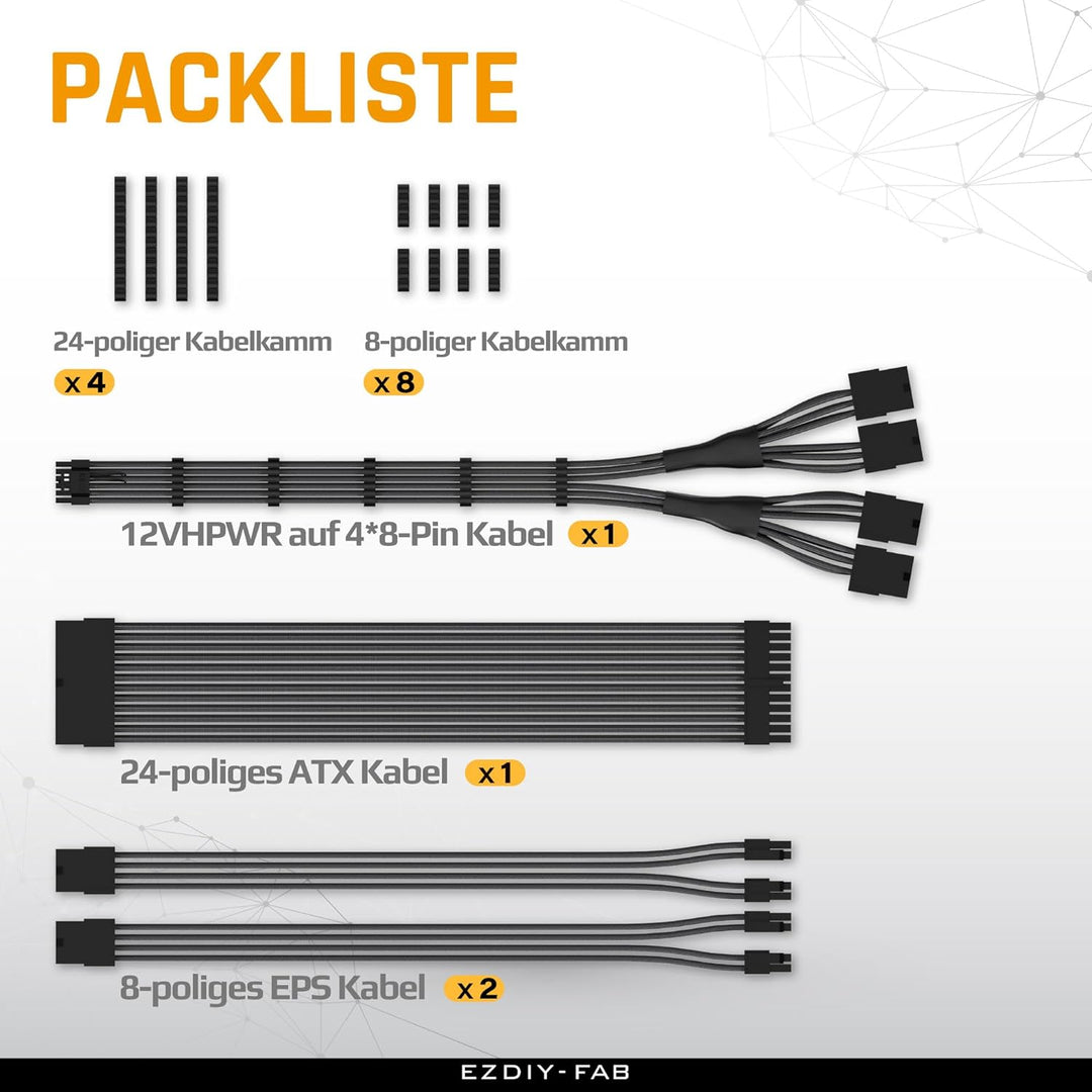 EZDIY-FAB PCIE 5.0 12VHPWR Sleeved Cable Kit, 16AWG Stromversorgungskabel Verlängerung, 24PIN-ATX/(4