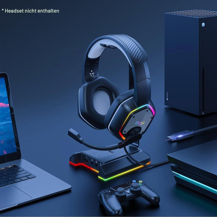 EKSA W1 Gaming Headset Ständer, Aluminium RGB Kopfhörer Halterung mit 7,1 Surround Sound, 2 USB Ansc