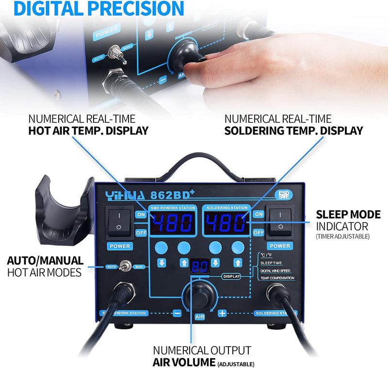 YIHUA 862BD+ SMD-Heissluft-Nachbesserungsstation und Lötstation, 2-in-1 Station mit Temperaturstabil