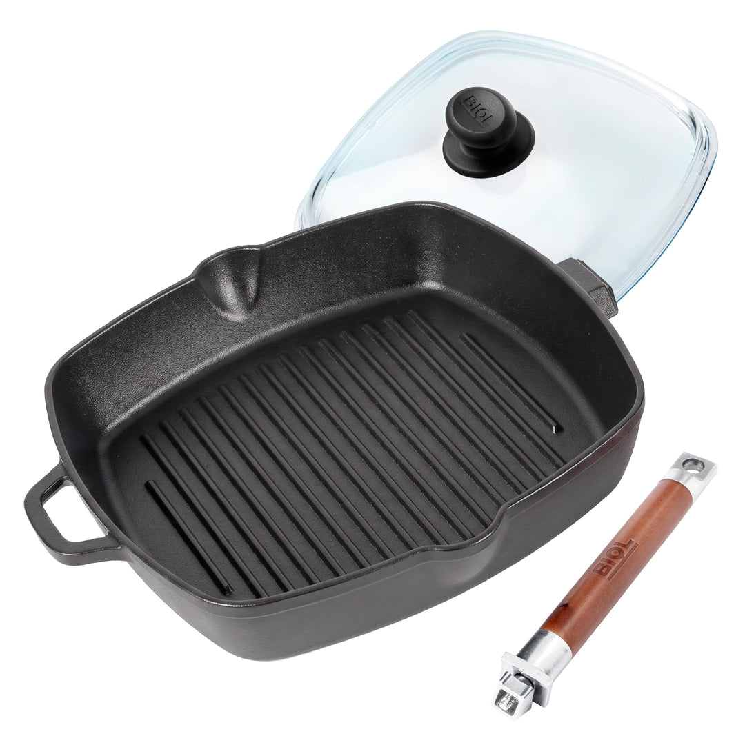BIOL Quadratische Grillpfanne aus Gusseisen 26×26 cm – Für Induktion, Backofen & Grill (mit Glasdeck