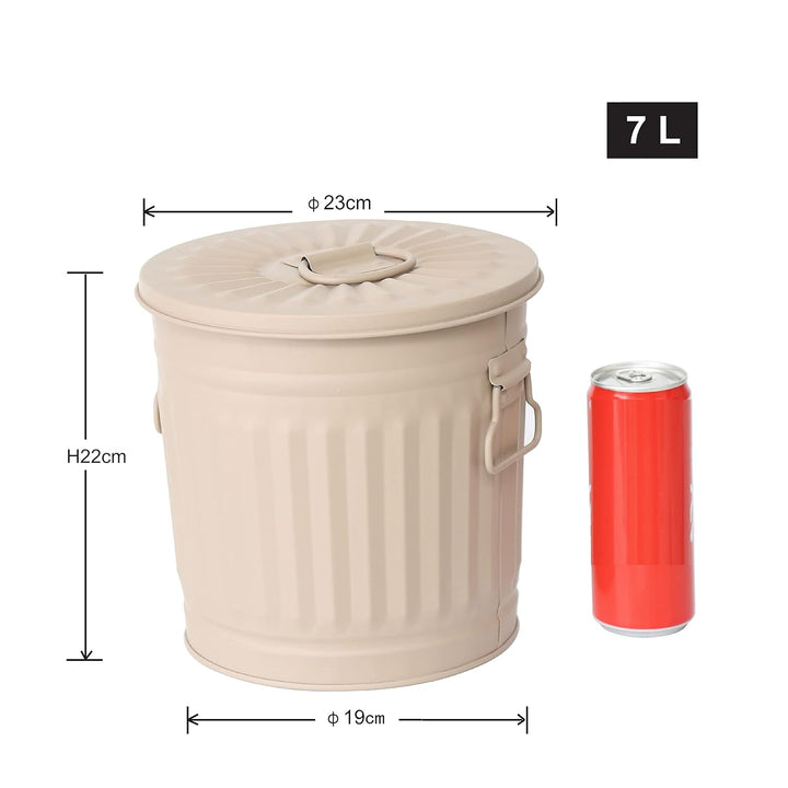 Jinfa Kleiner Metalleimer mit Deckel kleine Oskartonne retro | Beige | Ø 21,5 cm, Höhe 21,5 cm, 7 Li