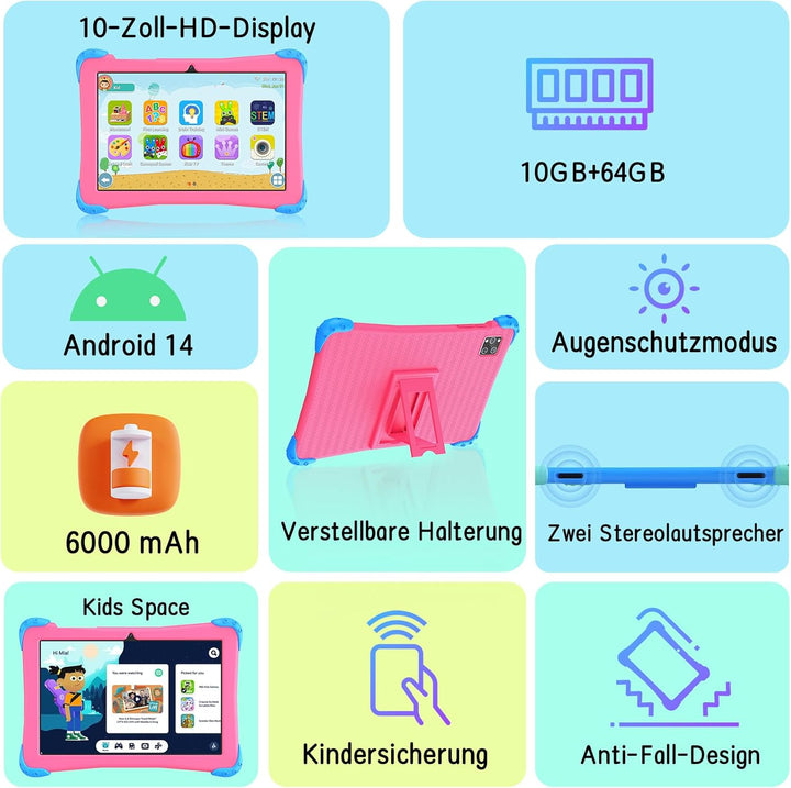 EagleSoar Kinder Tablet 10 Zoll Android 14 mit Gehäuse, Octa-Core 10GB + 64GB / 512GB Erweiterung mi