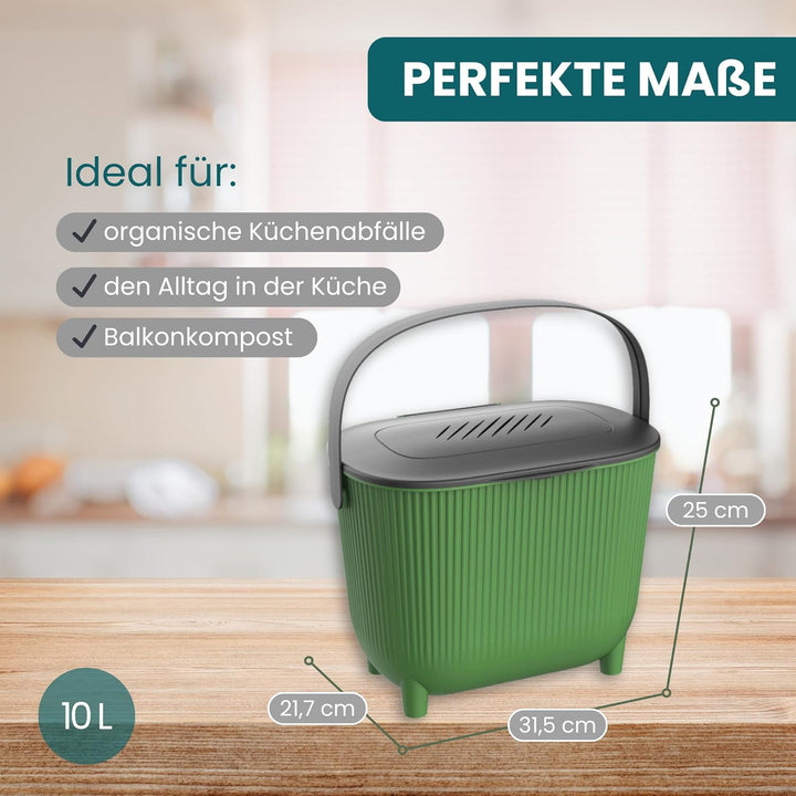 Bio‑Komposteimer 10L mit Deckel, Aktivkohlefilter & Tragegriff – platzsparend & geruchsfrei für Küch