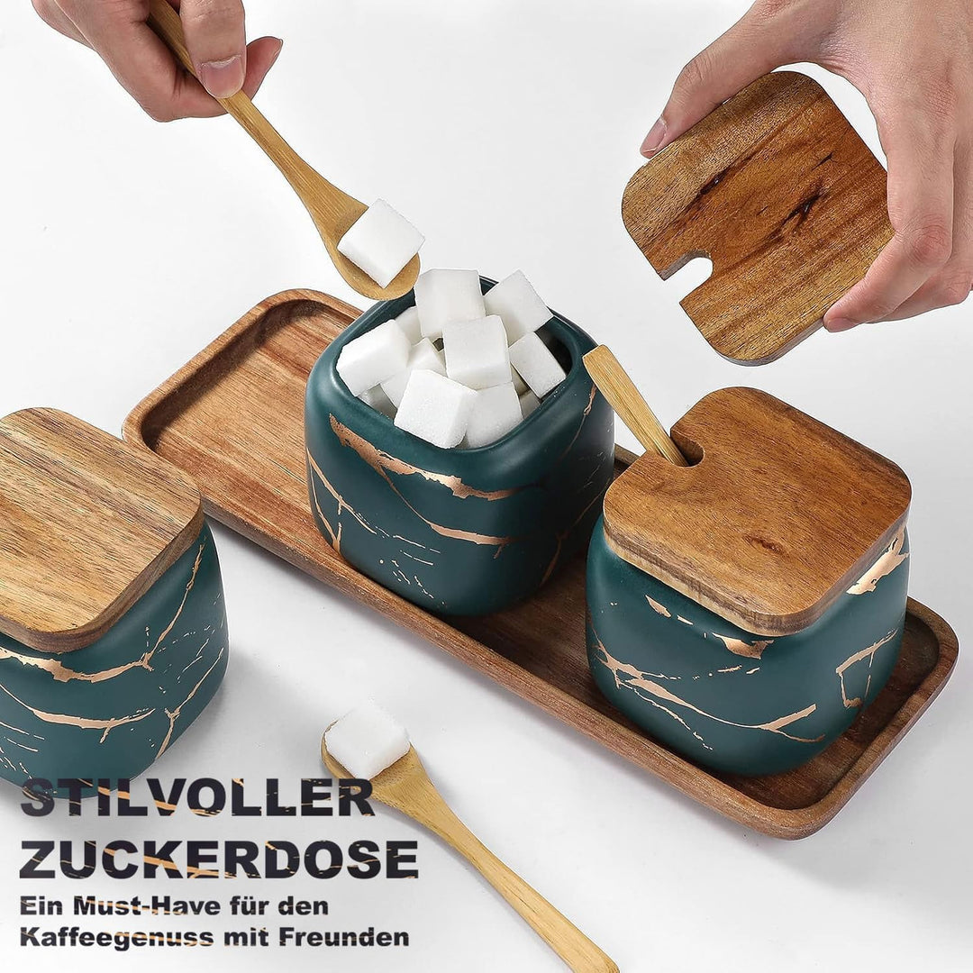 Gewürzgläser Set, 3 Stk Keramik Zuckerdose mit Deckel und Löffel Bambus für Haus und Küche, Alternat
