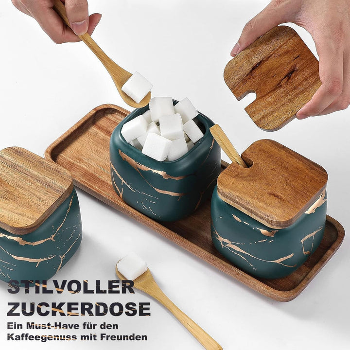 Gewürzgläser Set, 3 Stk Keramik Zuckerdose mit Deckel und Löffel Bambus für Haus und Küche, Alternat
