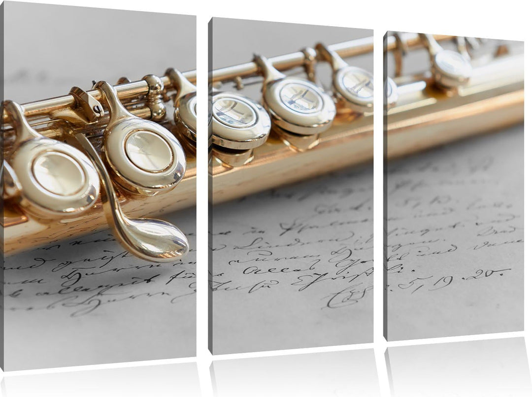 Pixxprint Detailaufnahme Einer Querflöte Schwarz/Weiss 3-Teiler Leinwandbild 120x80 Bild auf Leinwan