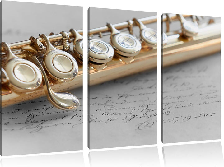 Pixxprint Detailaufnahme Einer Querflöte Schwarz/Weiss 3-Teiler Leinwandbild 120x80 Bild auf Leinwan