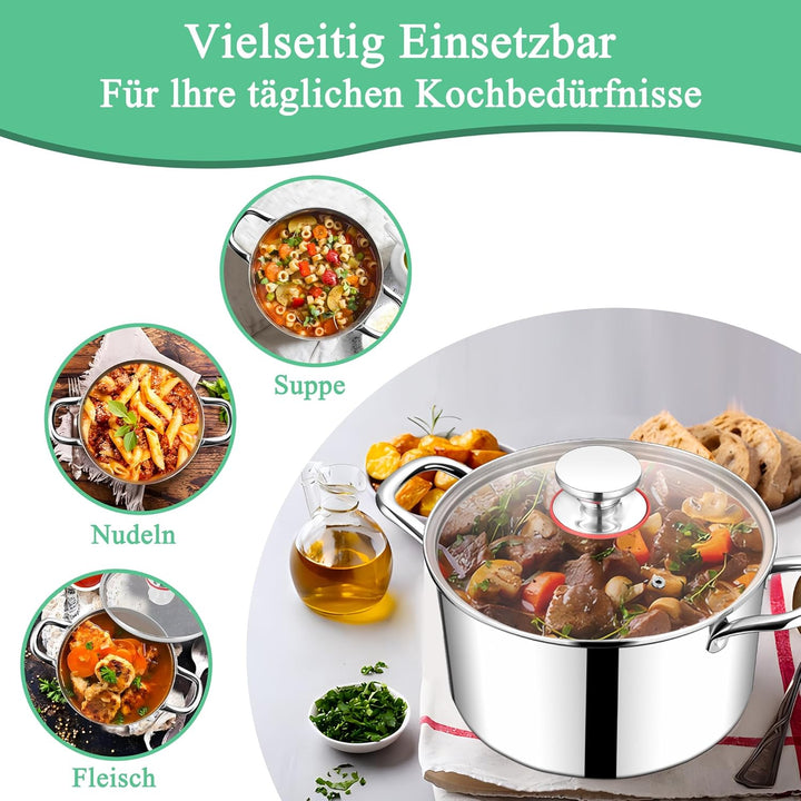 HaWare Kochtopf, 26cm Topf Induktion aus 3-Lagen Edeastahl, 6,7L Kochtöpfe Nudeltopf mit Glasdeckel