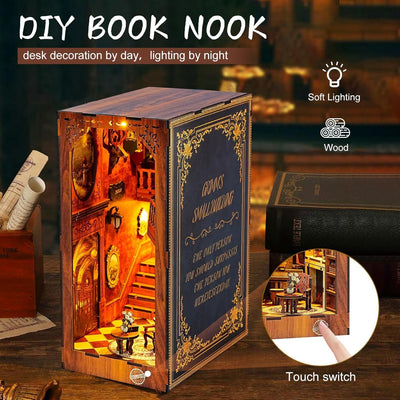 ITEFDTUTNE Book Nook Kit für Erwachsene, DIY Miniatur Puppenhaus Booknook Kit mit Led-Licht, 3D Holz