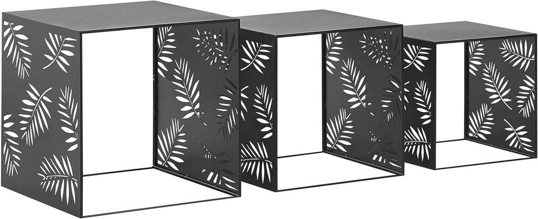 Stapelbares Couchtisch 3er Set Eisen schwarz Würfel-From mit Blättermuster Waldo