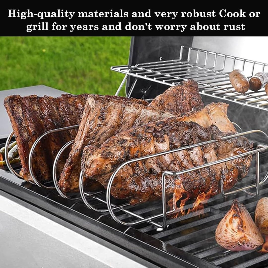 Spareribs Halter Grill, Edelstahl Rippchenhalter, BBQ Rib Rack mit Öl-Pinsel und Grillzange, Geeigne