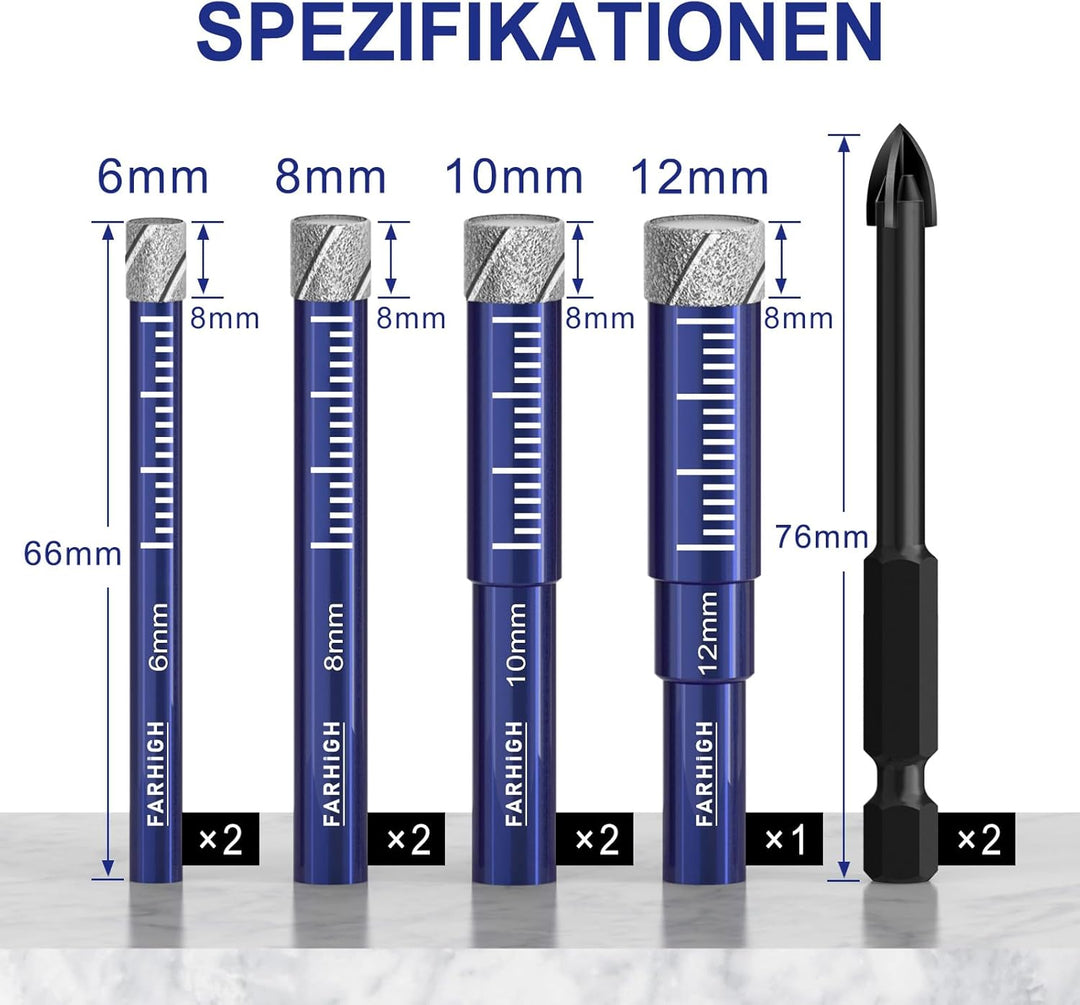 Diamantbohrer Fliesenbohrer Glasbohrer Set 6, 8, 10, 12mm &amp; 6mm Hartmetallbohrer für Keramik,Porzell