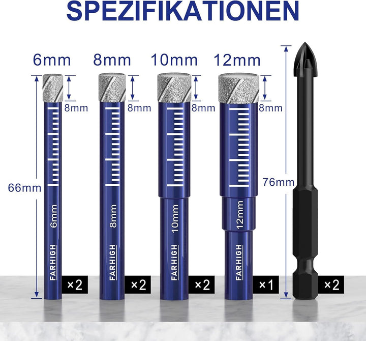 Diamantbohrer Fliesenbohrer Glasbohrer Set 6, 8, 10, 12mm &amp; 6mm Hartmetallbohrer für Keramik,Porzell