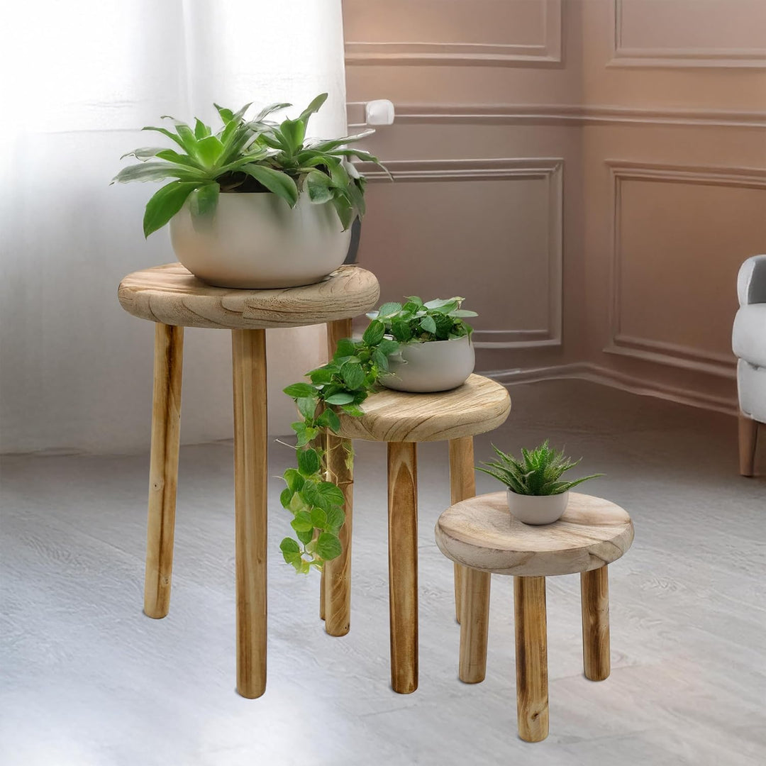 Holz Blumenhocker mit 3 Beinen geflammt 3er Set - 20 / 23 / 25 cm - Massivholz Deko Hocker rund klei