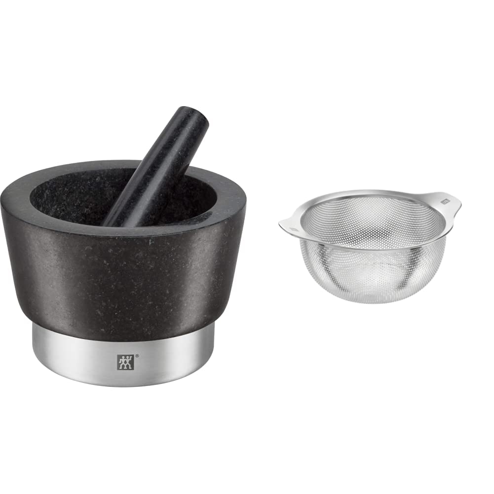 Zwilling Spices Mörser mit Stössel, Ø 11 cm, Granit, Schwarz & Sieb, Edelstahl, 20 cm,22 x 20 x 10 c
