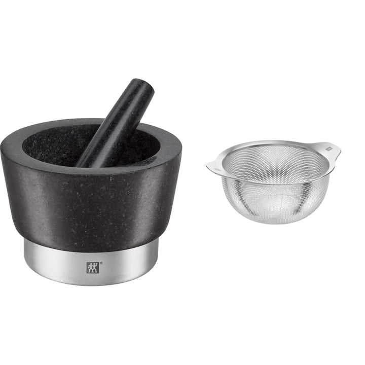 Zwilling Spices Mörser mit Stössel, Ø 11 cm, Granit, Schwarz & Sieb, Edelstahl, 20 cm,22 x 20 x 10 c