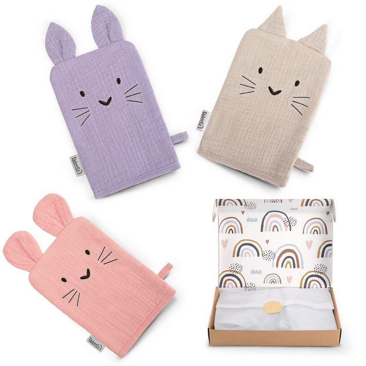 Räuberella Waschlappen, Waschhandschuh, 3er Set aus Musselin Geschenk zur Geburt (Rosa-Beige-Flieder