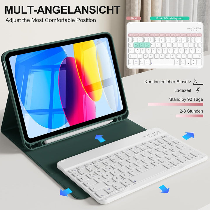 Hülle mit Tastatur für iPad A16 11. Generation 2025, für iPad 10. Generation 2022 10,9 Zoll, Bluetoo