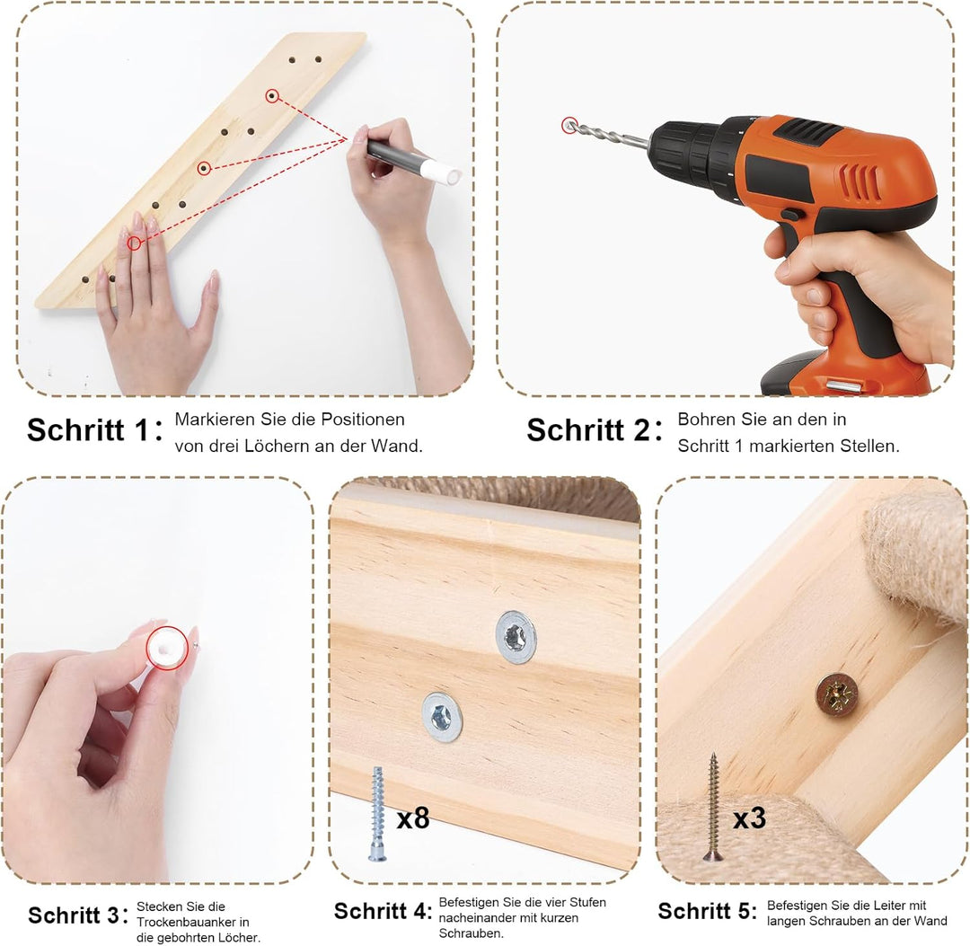 Katzentreppe Wand 4 Stufen Kletterwand für Katzen, DIY Kletterwand Katzen, Katzenleiter Mit Juteseil
