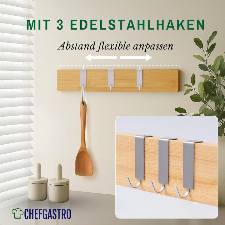CHEFGASTRO Magnetleiste magnetische Messerleiste Messerhalter aus Bambus, 6,2x40x2,1cm, mit 3 silber