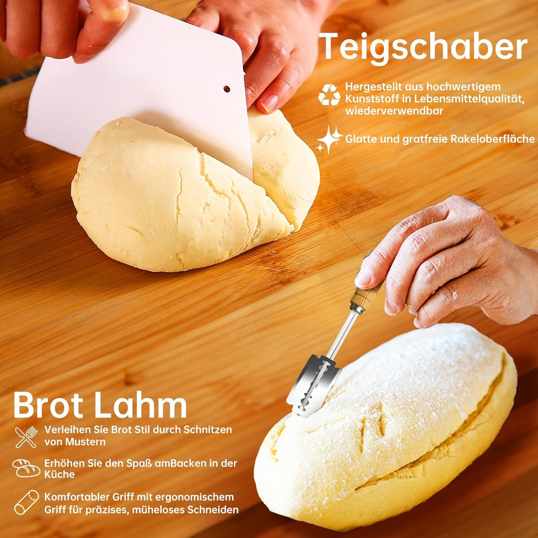 Gärkorb Brot Set, Gärkörbchen Rund 23 cm aus Natürlichem Rattan, Inklusive Bäckermesser, Bäckerleine