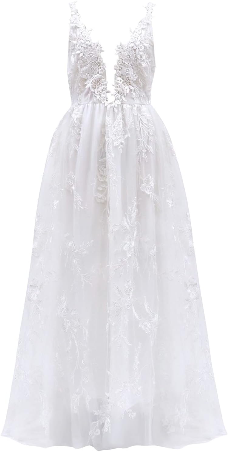 Trauung Kleid Standesamtliche Brautkleid Damen Lang Schlichte Brautmode Tüll V-Ausschnitt Damen Brau