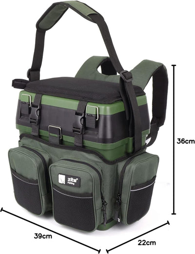 Zite Fishing Multi Angel-Koffer-Rucksack & Sitz-Kiepe in 1 - Inklusive 4 Tackle-Boxen für Angelzubeh