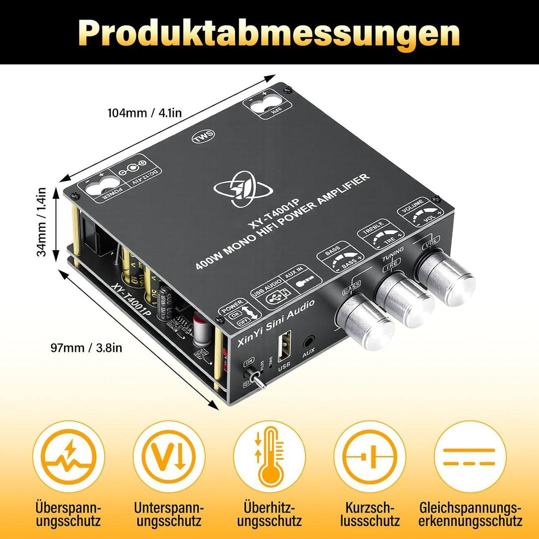 Mini Mono Verstärker mit Bluetooth, 400W Subwoofer HiFi Verstärker TWS Digitaler Stereo Endverstärke