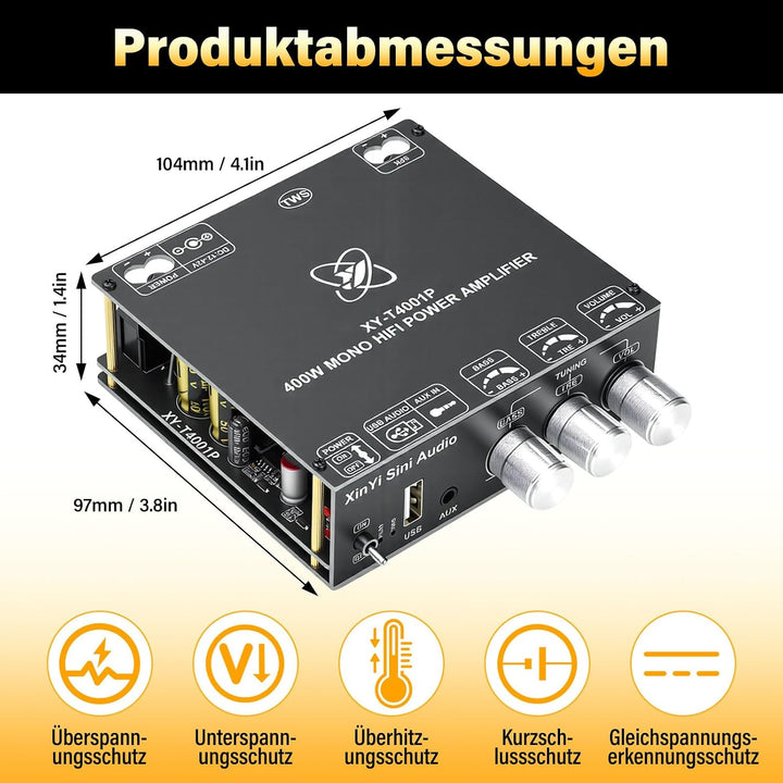 Mini Mono Verstärker mit Bluetooth, 400W Subwoofer HiFi Verstärker TWS Digitaler Stereo Endverstärke