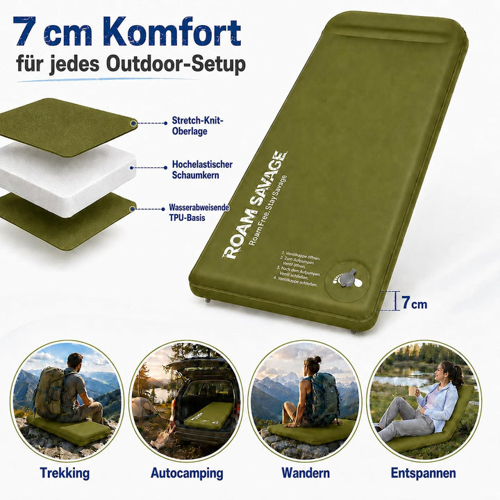 ROAM SAVAGE Selbstaufblasende Campingmatte mit integriertem Kopfkissen