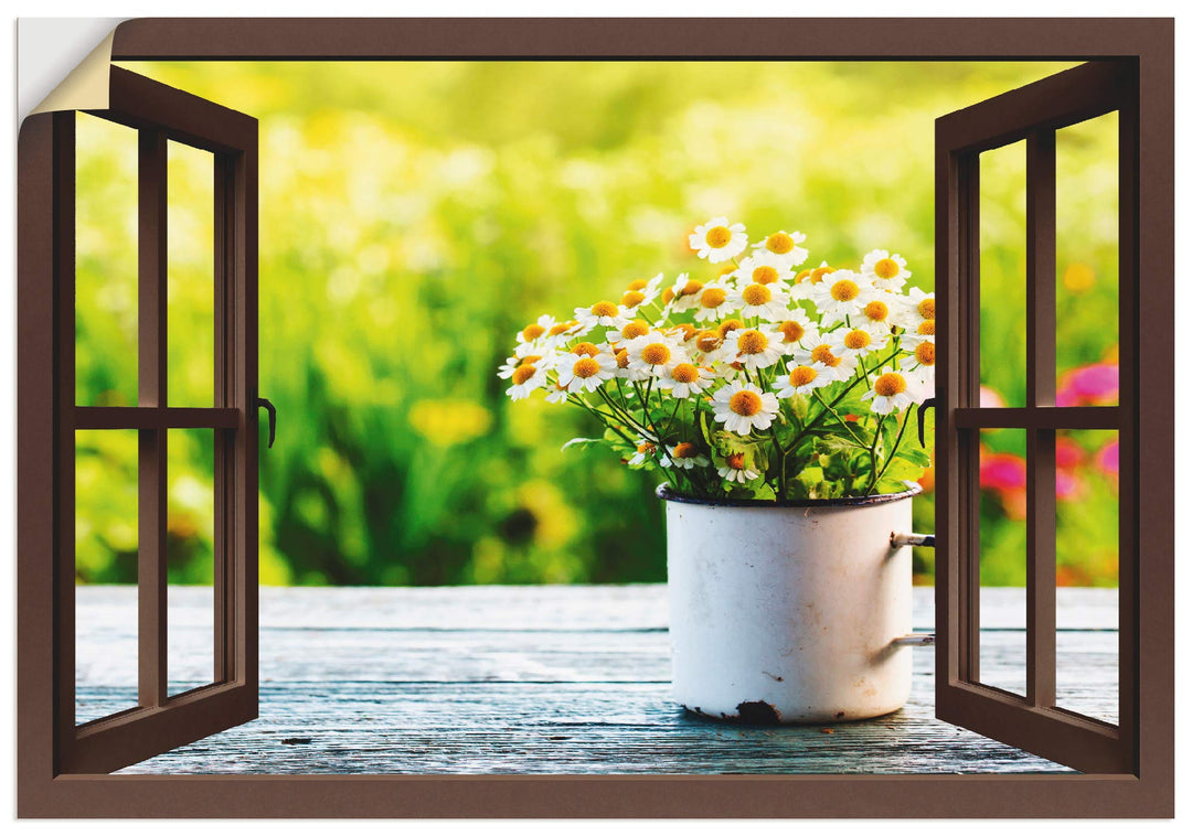 ARTland Wandbild selbstklebend Vinylfolie 100x70 cm Fensterblick Fenster Botanik Blumen Gänseblümche