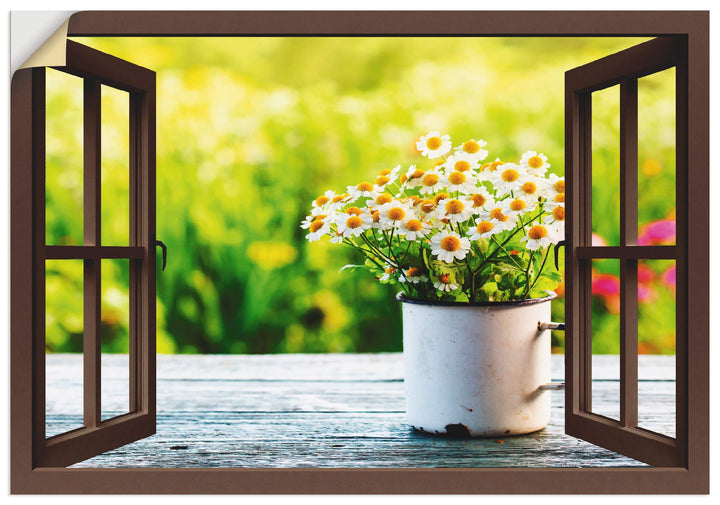 ARTland Wandbild selbstklebend Vinylfolie 100x70 cm Fensterblick Fenster Botanik Blumen Gänseblümche