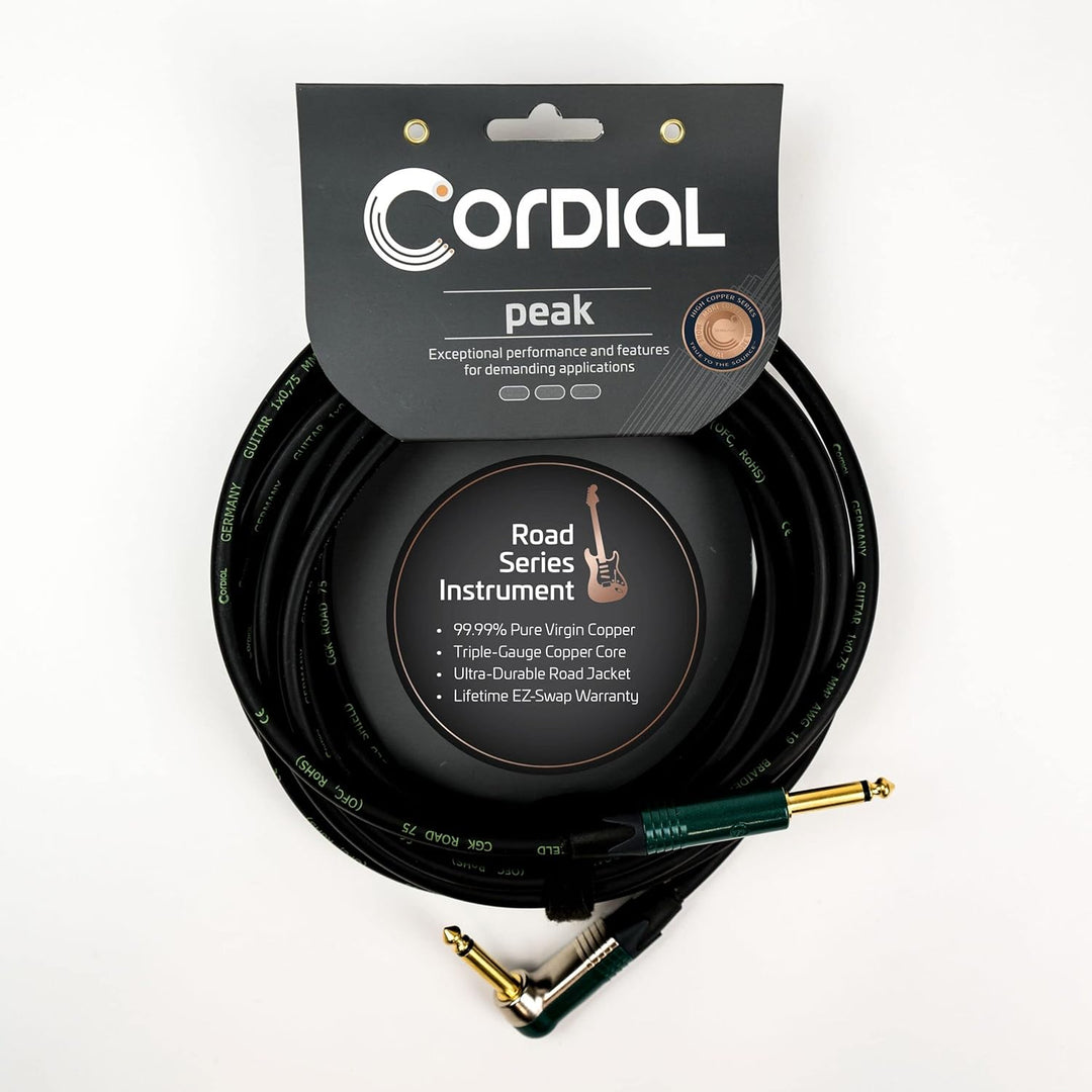 CORDIAL CABLES Gitarrenkabel Klinke gerade/abgewinkelt 9 m grün INSTRUMENTENKABEL Peak Standard, 9 M