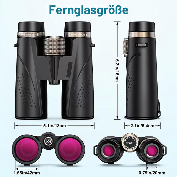 Fernglas 12x42, Leistungsstarke Ferngläser mit Heller und sauberer Sicht, für Erwachsene, BAK4 HD Pr