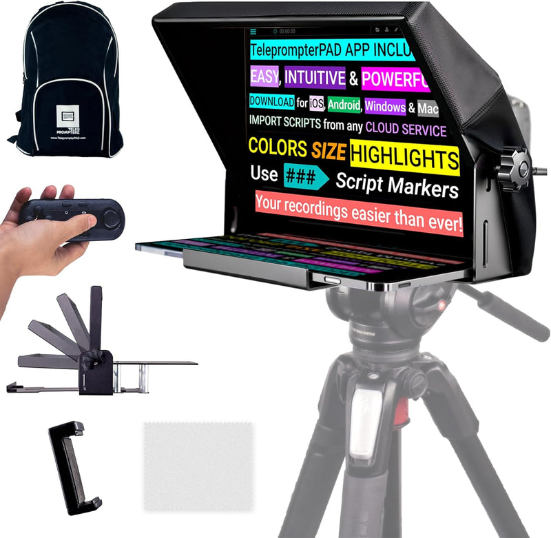 Pack TeleprompterPAD® iLight PRO 11" v15.0+Fernbedienung+App+Tasche+Klemme+Tech Support-100% Alumini