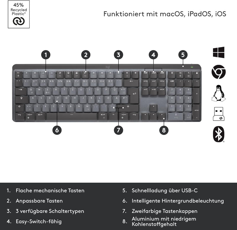 Logitech MX Mechanical kabellose beleuchtete Tastatur Standardgrösse Linear, MX Master 3S kabellose