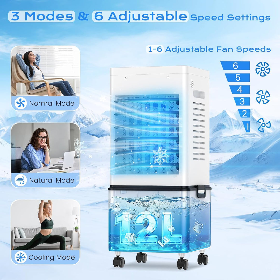 Klimaanlage Mobil 45W, 3-seitiger Klimaanlage Ohne Abluftschlauch, 6 Modi, 12L Abnehmbarem Tank, 60/