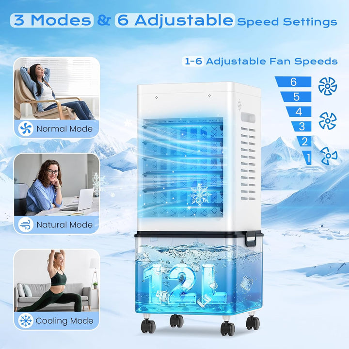 Klimaanlage Mobil 45W, 3-seitiger Klimaanlage Ohne Abluftschlauch, 6 Modi, 12L Abnehmbarem Tank, 60/