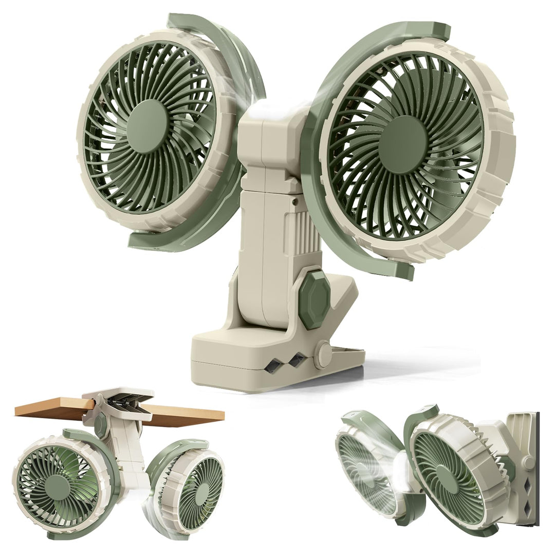 Clip Ventilator Akku mit Licht, USB C Aufladbar Leise Fan Doppelkopf Wandventilator,Stark Lufter Kle
