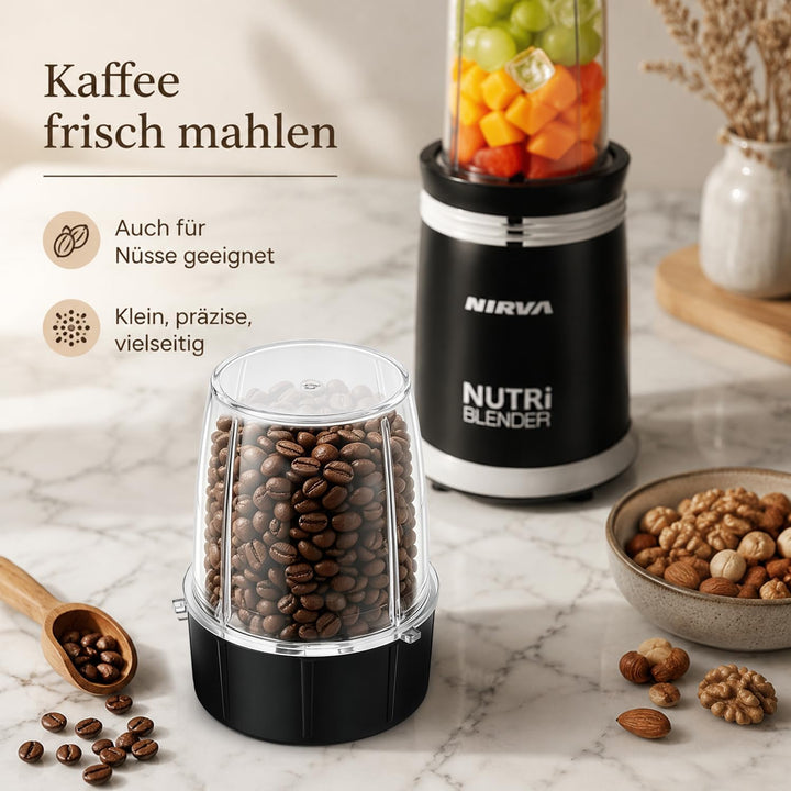 Nirva Smoothie Maker, Standmixer 2 in 1 mit Kaffeemühle, 25000 U/min Elektrischer Mixer für Shakes u