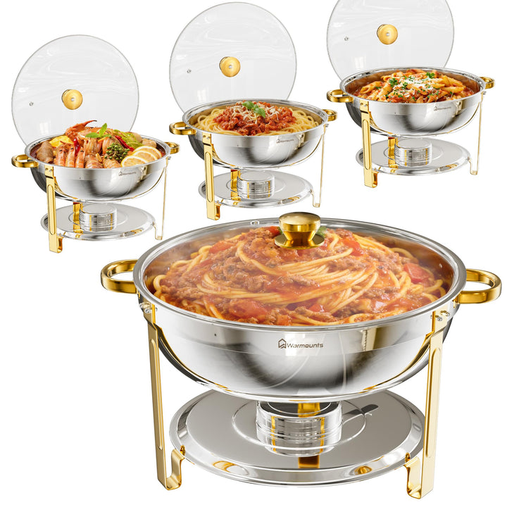 WARMOUNTS Chafing Dish 4er Set 7,5L Gold & Silber, Speisenwärmer Buffet Rund Edelstahl mit Glasdecke