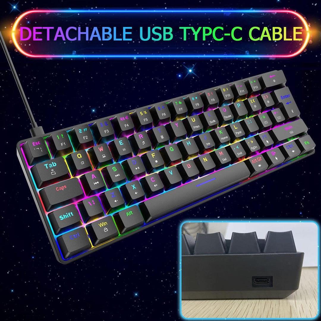 Mini 60% RGB Gaming-Tastatur,Mechanischer Blaue Schalter mit Kompakten 62 Tasten,18 RGB LED-Chroma-H
