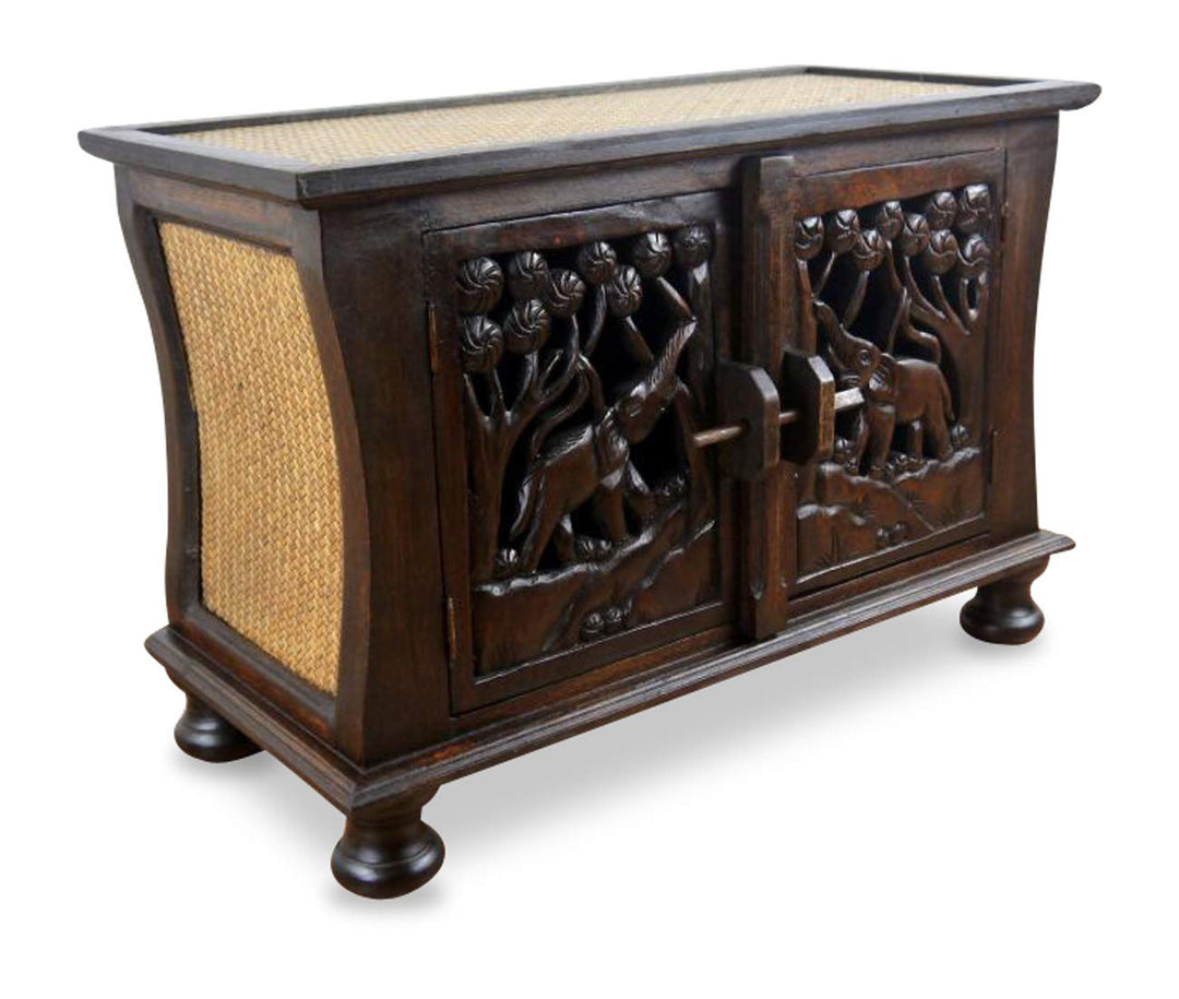 livasia Rattansideboard mit Elefantenschnitzerei, asiatische TV-Möbel, HiFi-Sideboard, Sitzbank (Nr.