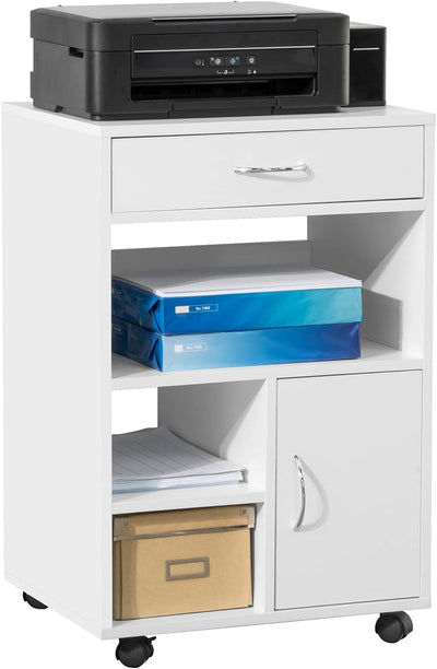 SoBuy FBT106-W Druckertisch mit Schublade und Tür Aktenschrank Rollcontainer mit Fächern Bürowagen B